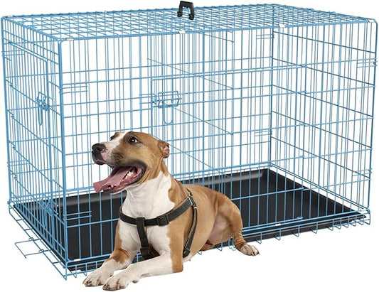 FDW Dog Crate for Medium Dogs 36 Inch Folding Metal WirePet Cage Double Door W/Divider Panel Indoor Outdoor Kennel Leak-Proof Plastic Tray,Blue-PawvioPets
