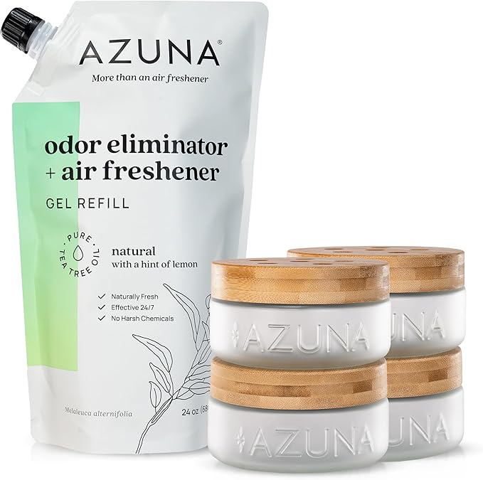 Azuna Air Freshener & Odor Eliminator for Strong Odor | 4 Room Kit Includes (4) 8 oz. Empty Luxe Glass Jars & 24oz Gel | Refill with Tea Tree Essential Oil | Natural Scent | Last 60-90 Days-PawvioPets