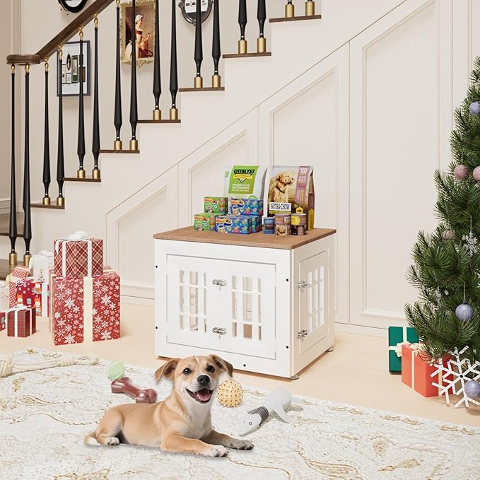 26" Heavy Duty Dog Crate Furniture for Small,Medium and Large Dogs,Rustic Wooden Dog Cage Kennel Indoor Furniture with Waterproof Top,Decorative Pet House Side End Table (White & Wood)-PawvioPets