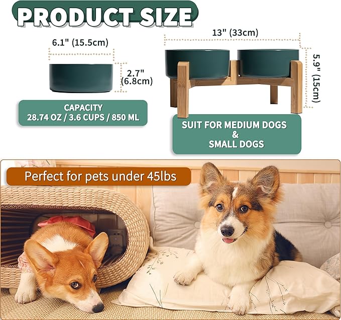 Elevated Ceramic Dog Bowl Set - Raised Dog Bowls with Non-Slip Bamboo Stand - Dog Food and Water Bowl Set - Double Dog Feeding Bowls - Suitable for Small and Medium Dogs - 28.74 OZ - 3.6 CUPS - 850 ML-PawvioPets