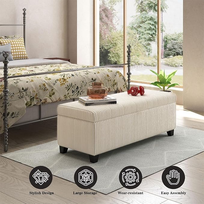 48" Ottoman with Storage, Corduroy Storage Ottoman Bench for Bedroom, End of Bed Bench with Safety Hinge for Living Room, Bedroom, Entryway, White-PawvioPets