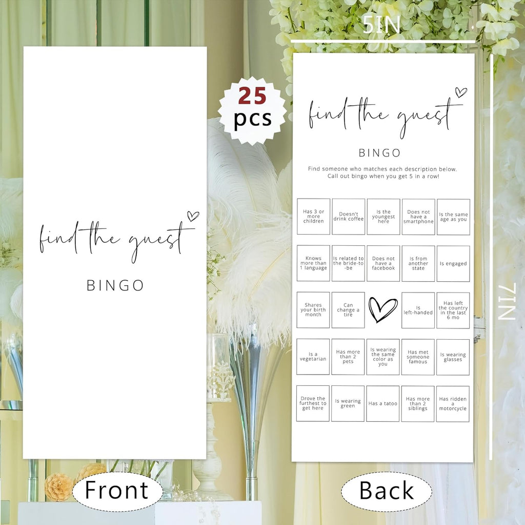 Bridal Shower Games, Find The Guest Bingo, 25Pcs 4x9inch Minimalist White Double-Sided Bridal Game Cards, Wedding Shower Games for Guests, Engagement Bachelorette Party Supplies - A16