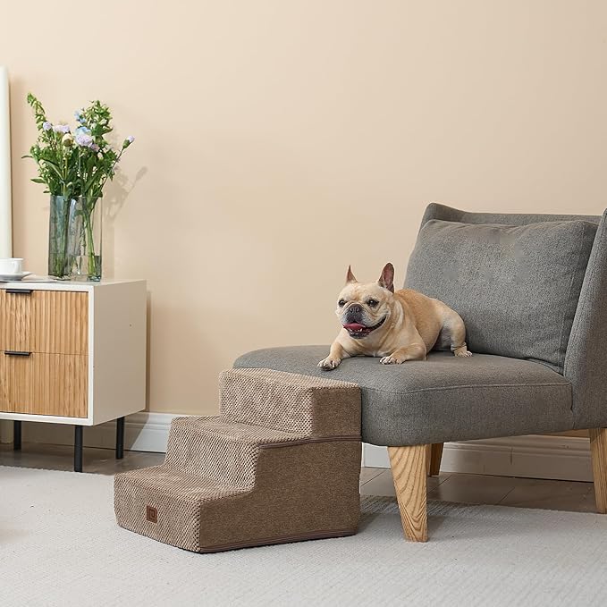 EHEYCIGA Dog Stairs for Small Dogs 13.5" H, 3-Step Dog Steps for Couch Sofa and Chair, Pet Steps for Medium Cats, Non-Slip Balanced Pet Ramp Indoor, Camel-PawvioPets