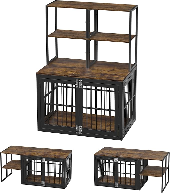 Dociote Heavy Duty Dog Crate Furniture with Storage Shelves，Large Dog Kennel Indoor End Table 39 Inch,Brown-PawvioPets