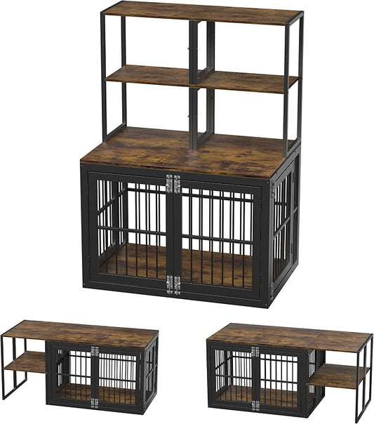Dociote Heavy Duty Dog Crate Furniture with Storage Shelves，Large Dog Kennel Indoor End Table 39 Inch,Brown-PawvioPets