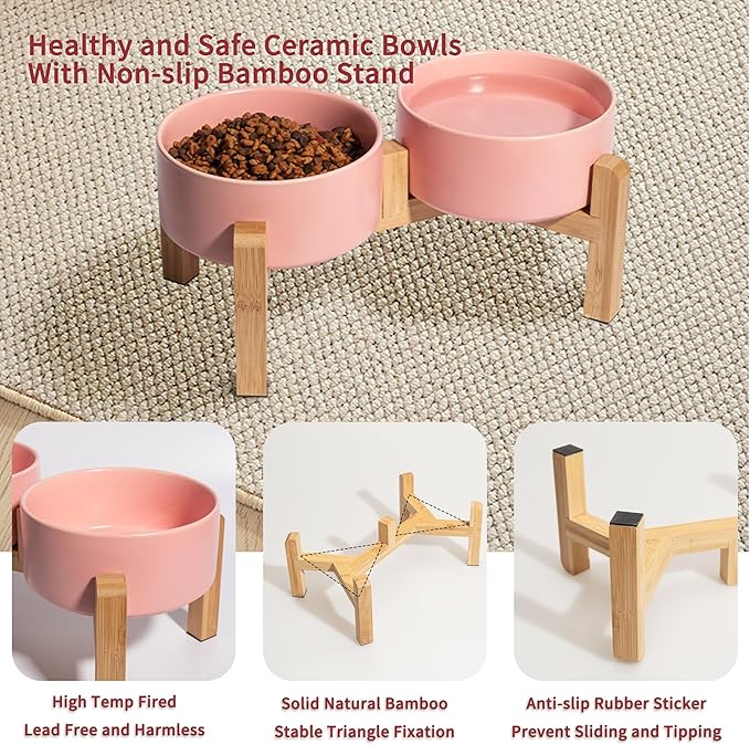Elevated Ceramic Dog Bowl Set - Raised Dog Bowls with Non-Slip Bamboo Stand - Dog Food and Water Bowl Set - Double Dog Feeding Bowls - Suitable for Small and Medium Dogs - 28.74 OZ - 3.6 CUPS - 850 ML-PawvioPets