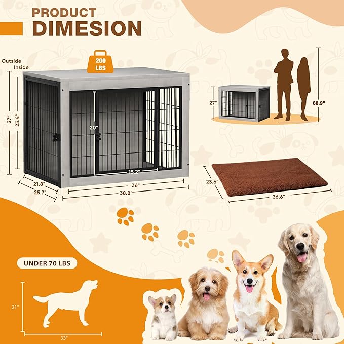 Bigrab Dog Crate Furinture with Thick Cushion, Side End Table Wooden Dog Cage with Double Doors, Chew-Resistant Dog Kennel Dog House Indoor for Small to Large Dog, L (Grey)-PawvioPets