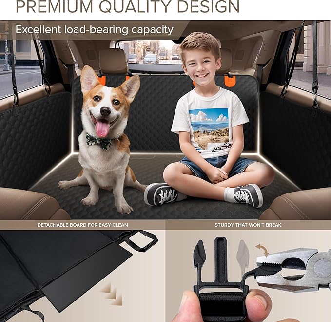 Back Seat Extender for Dogs, Heavy Duty Dog Car Seat Cover for Back Seat and Aggressive Chewer, Large Hard Bottom Car Seat Cover for Dogs, Dog Hammock for Car, Travel Pet Car Bed for Car, SUV, Truck-PawvioPets