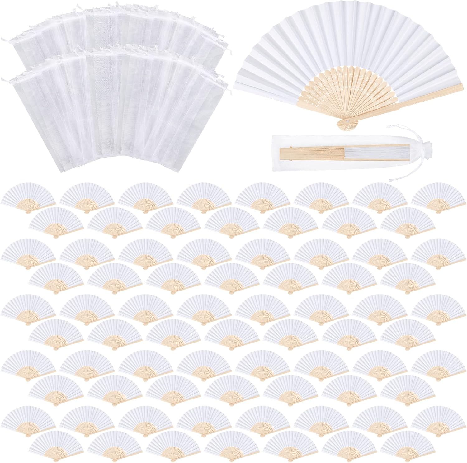 MCEAST 80 Pieces White Folding Paper Fans Wedding Fans Handheld Paper Fan White Bamboo Hand Fan Foldable Cool Favors with 80 Organza Bag for DIY Decor Wedding Party Favors Summer Guest