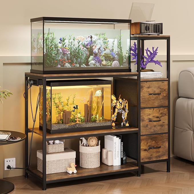 20 Gallon Aquarium Stand with Power Outlets Fish Tank Stand with 3 Drawers Metal Frame Heavy Duty Reptile Tank Stand with 3-Tier Storage Shelves,Left/Right Assembly, Adjustment Height-PawvioPets
