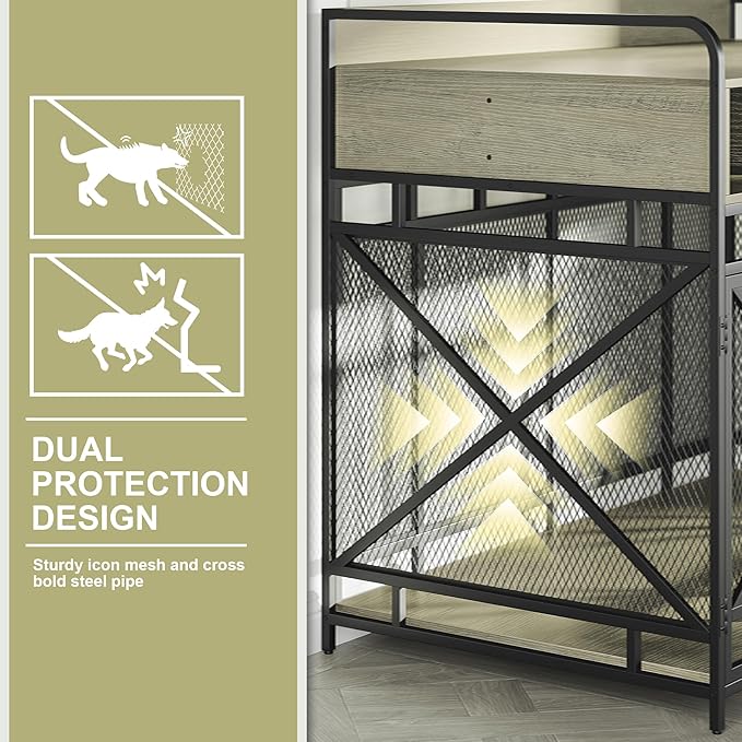 Dog Crate Furniture, 43" Heavy Duty Wooden Dog Crate End Table, XL Dog Kennel Furniture Large Breed, Decorative Dog Kennel Indoor with 3 Drawers & Steel Tubes 43" L x28 W x36 H (Grey)-PawvioPets