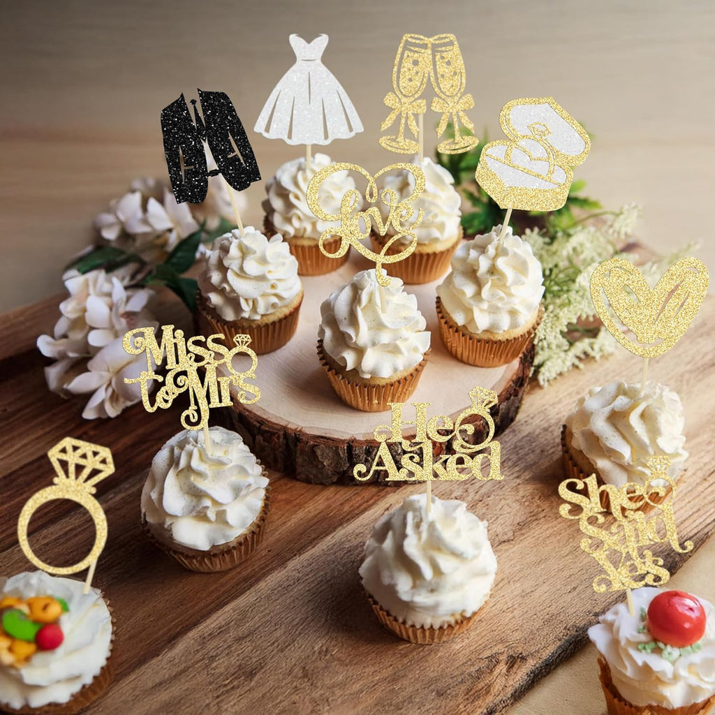 Gyufise 30Pcs She Said Yes Cupcake Toppers Glitter Diamond Ring I Do Love Cupcake Picks Miss to Mrs He Asked Bridal Shower Wedding Engagement Bachelorette Cake Decoration Gold