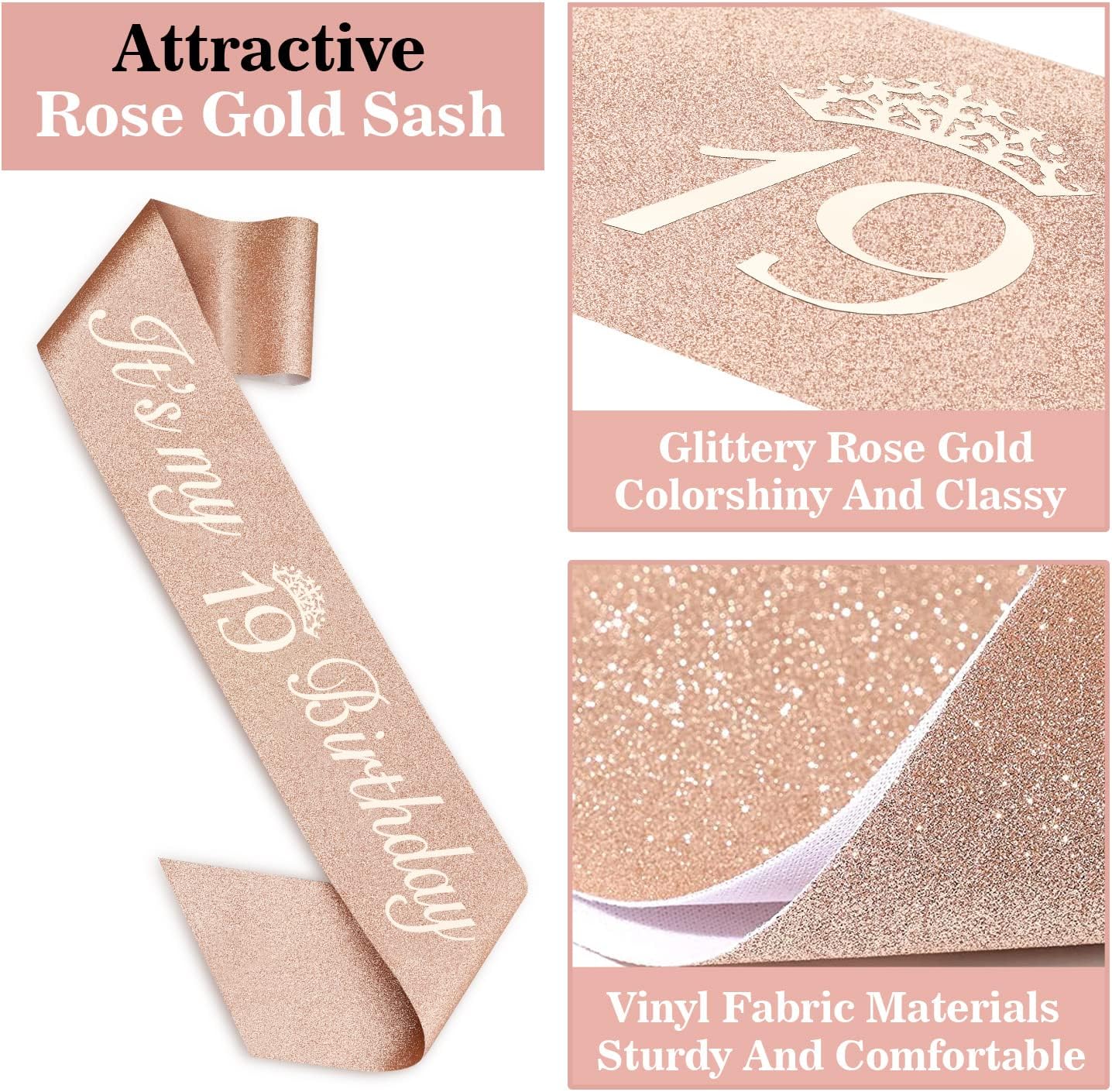 19th Birthday Decorations Including Birthday Sash, Tiara/Crown, Numeral Candles and Cake Topper, 19 Year Old Girl Gifts, Rose Gold Party Decor Supplies