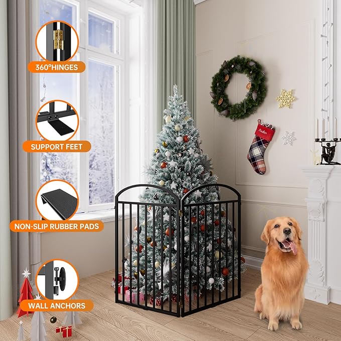 2 Panles Full Matel Freestanding Dog Gates with Door, 48"Extra Wide 36"Tall Free Standing Dog Pet Gate for Indoor & Outdoor. Foldable Pet Fences for Doorways, House, Stairs, Porch, Deck, Yard-PawvioPets