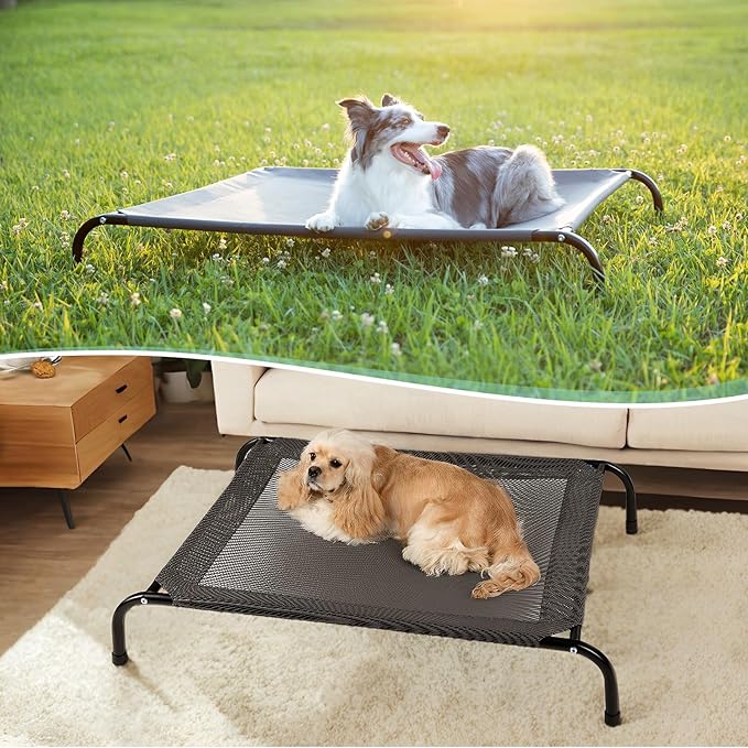 Cooling Elevated Dog Bed with Non-Slip Floor Protectors & Breathable Mesh, Raised Indoor & Outdoor Dog Cot Hammock, 41" L x 32" W x 8" Th, Medium, Green-PawvioPets