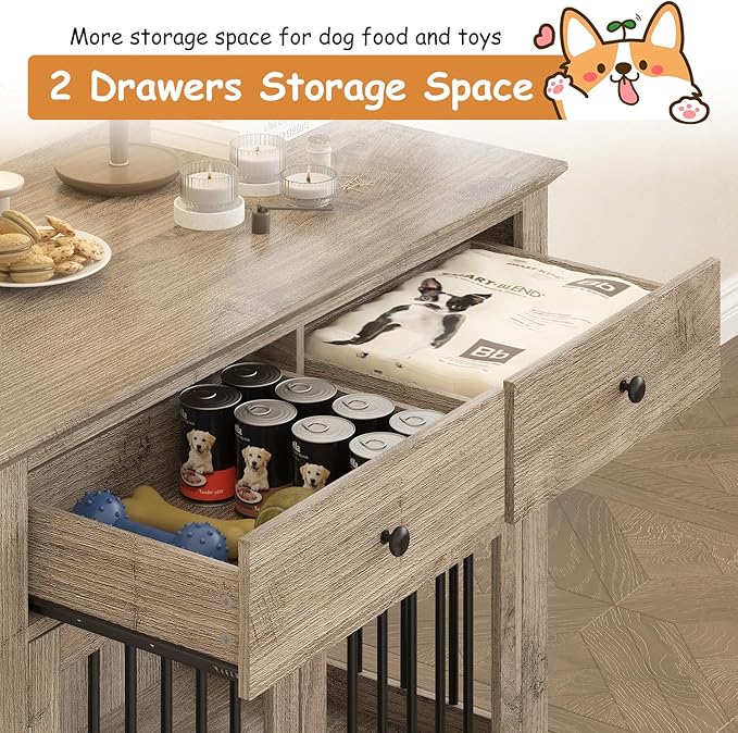 Dog Crate Furniture, 44 Inch Wooden Dog Kennel Indoor with 2 Storage Drawers, Heavy Duty Large Crate Furniture, Decorative End Table Cage Furniture for Small/Medium/Large (Grey)-PawvioPets