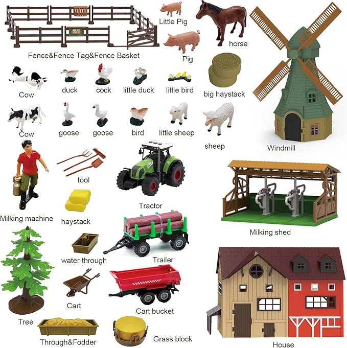 136PCS Farm Animals Toys Set Comes with Barn, Tractor Trailer, Milking shed, Windmill, Farmer, Fence - Playset for Kids Toddlers Boys Girls 5+ Years Old-PawvioPets