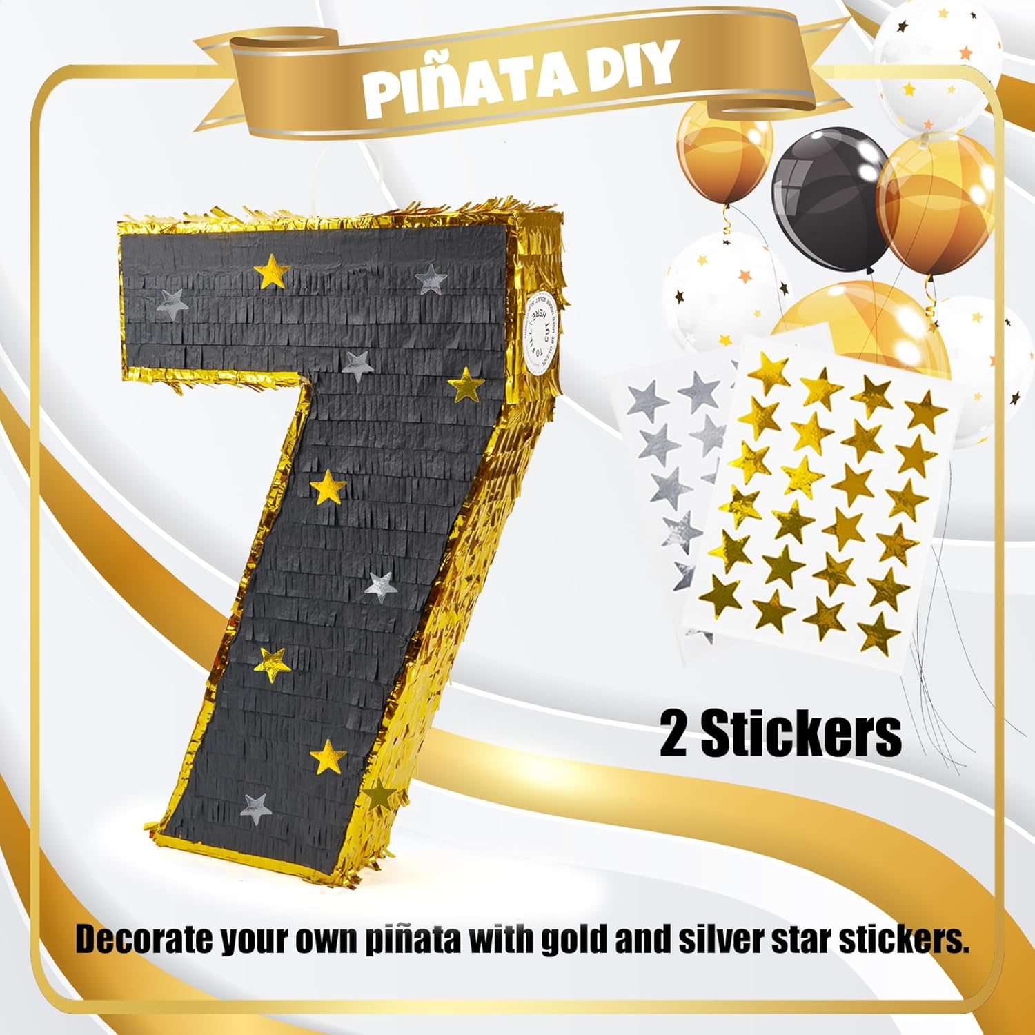 PCFING 20 Inch Number 7 Piñata Gold Black with 30 Inch Piñata Stick Blindfold Confetti for Man Women Boys Girls Birthday Party Decorations, Anniversary Celebration, Fiesta