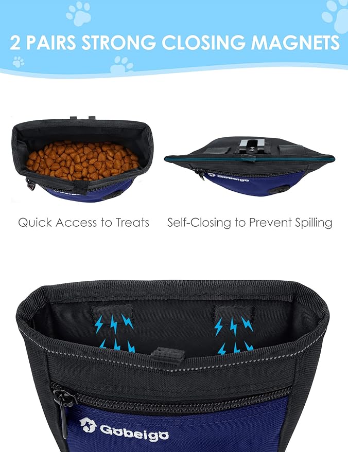 Gobeigo Dog Treat Pouch and Training Clicker, Upgrade Two Magnetic Closure to Prevent Spills, 2 Cup Treat Bag with Poop Bag Dispenser, Metal Clip Waist Belt Fanny Pack for Pet Walk (Black/Blue)-PawvioPets