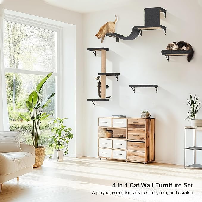 FUKUMARU Cat Wall Shelves, Stable & Safe 4 in 1 Cat Furniture Set, Wooden Climbing Wall with Scratching Post for 16 Inch Drywall - Gray-PawvioPets