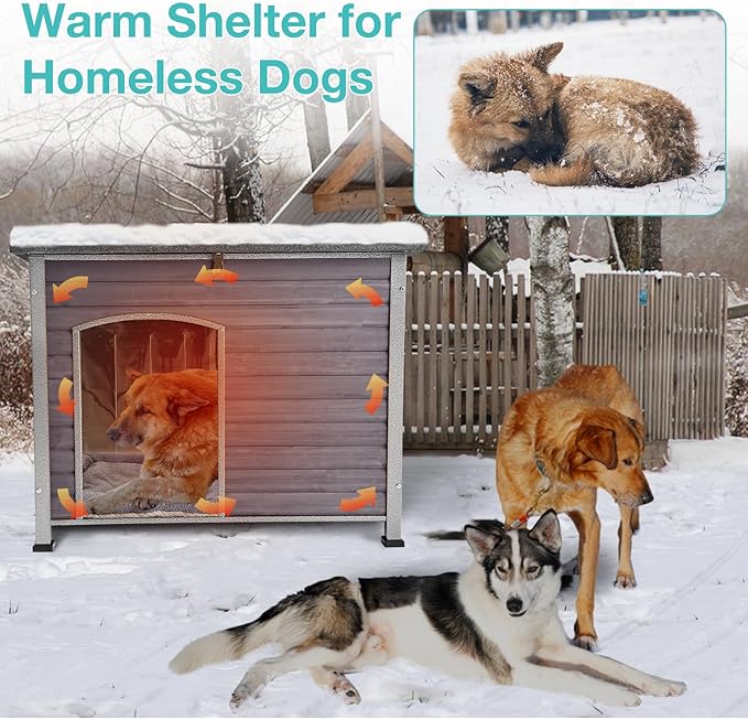 Feral Dog House Outdoor,Anti Bite Iron Frame Dog Kennel,Wood Warm Pets Home,Insulated Weatherproof Outside Shelter for Feral Animal (43.3" (L) x 29.4" (W) x 33.4" (H)-Grey-in)-PawvioPets