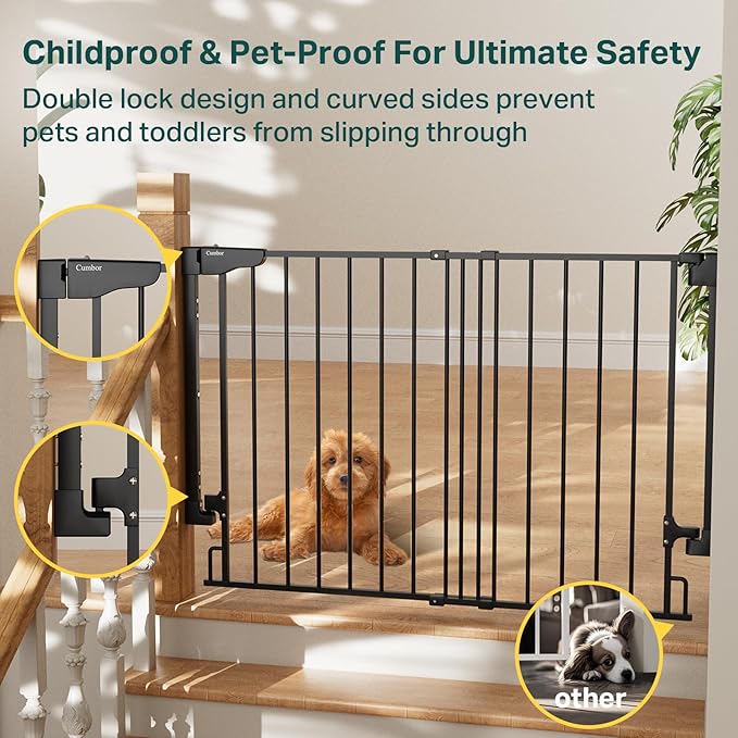 Cumbor 29.2-43" No Bottom Bar Baby Gate for Stairs, 2-in-1 Hardware Mounted Dog Gate Indoor, Wide Pet Gates for Doorway with Large Walk Thru Door, Child-Proof Gate for Top & Bottom of Stairs(Black)-PawvioPets