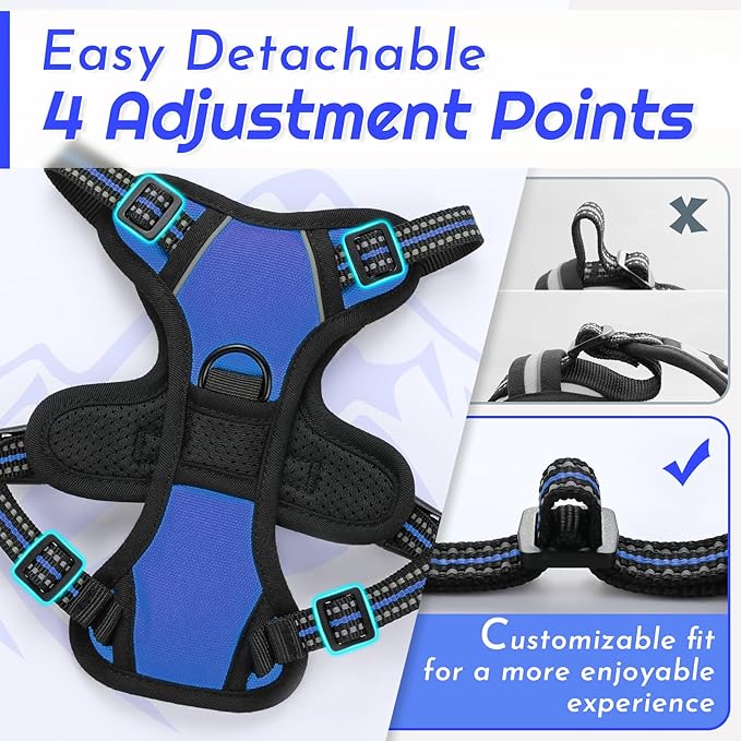 Eagloo Small Dog Harness No Pull, Service Vest with Reflective Strips and Control Handle, Adjustable and Comfortable for Easy Walking, No Choke Pet Harness with 2 Metal Rings, Blue, XS-PawvioPets