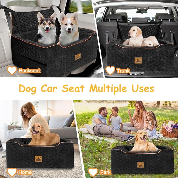 Dog Car Seat for Medium/Large Dogs, Washable Dog Booster Seat Under 60 lbs or 2 Small Dogs, Multi-Functional Pet Car Seat with Thick Cushion, 2 Safety Leashes (Black)-PawvioPets