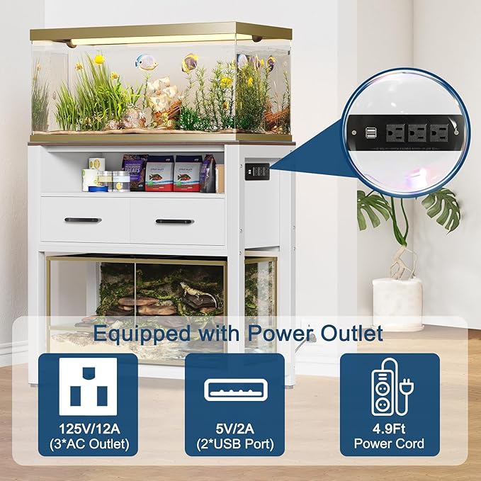20-29 Gallon Fish Tank Stand with Power Outlet & 2 Storage Drawers, Heavy Duty Metal Frame Aquarium Stand with Waterproof Mat, 30.7" L*15.7" W Tabletop, 550LBS Capacity, White+Brown-PawvioPets