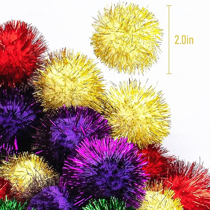 AUEAR, 24 Pack 2 Inch Extra Large Sparkle Cat Ball Glitter Tinsel Pom Pom Balls for Kittens (4 Assorsted Colors)-PawvioPets