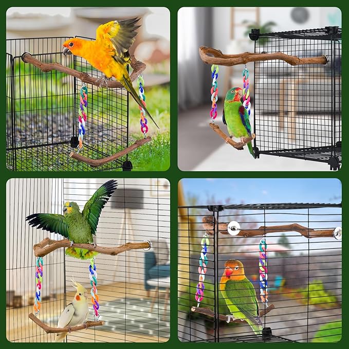 Bird Swing Toys, Standing Bird Perch with Natural Grape Wood, U Shape Hangable Birdcage Accessories, Birds Chewing Toy for Budgerigars, Parakeets, Cockatiels, Conures, Lovebirds, Finches (2Pack)-PawvioPets