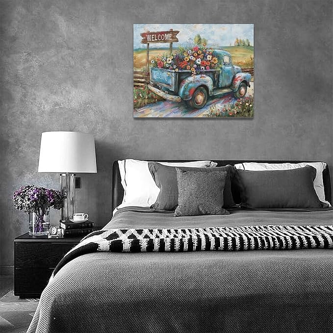 Farmhouse Truck Wall Art Rustic Country Wildflowers Wall Decor Road Flowers Landscape Pictures Canvas Print Painting Artwork for Bathroom Living Room Bedroom 12"x16"-PawvioPets