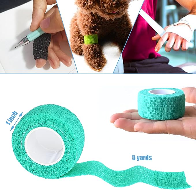 9 Pack 1" x 5 Yards Self Adhesive Bandage Wrap Self Stick Wrap for Ankle, Wrist, Finger, Sports, Breathable Cohesive Vet Tape for Pets (Middle Green)-PawvioPets