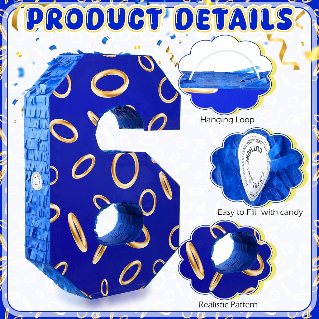 Number 6 Blue and Golden Rings Piñata for Kids Birthday Cartoon Theme Small Piñata with Blindfold Stick Confetti for Fiesta Cinco De Mayo Party Decor, 15.8 x 11 x 2.8 Inch