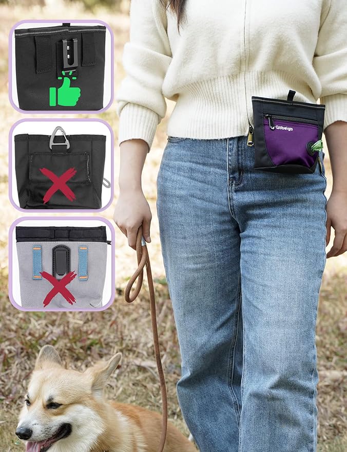 Gobeigo Dog Treat Pouch and Training Clicker, Upgrade Two Magnetic Closure to Prevent Spills, 2 Cup Treat Bag with Poop Bag Dispenser, Metal Clip Waist Belt Fanny Pack for Pet Walk (Black/Purple)-PawvioPets