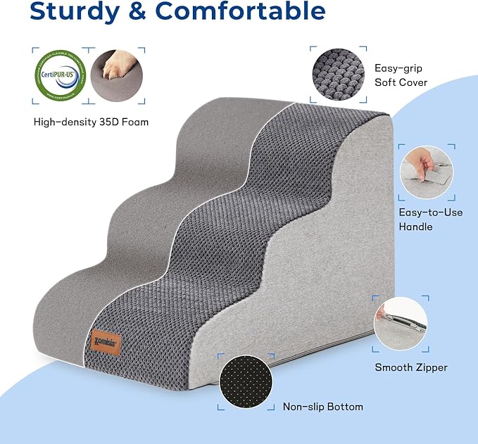 Dog Stairs for Small Dogs - Pet Stairs for Couch and Bed, 35D Foam Dog Steps Ramp with Non-Slip Bottom Brown, 3 Steps-PawvioPets