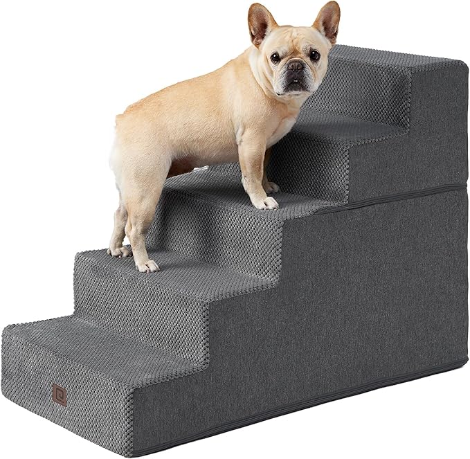 EHEYCIGA Dog Stairs for High Bed 25" H, 5-Step Extra Wide Dog Steps for Bed, Pet Steps for Small Dogs and Cats, Non-Slip Balanced Pet Ramp Indoor, Grey-PawvioPets