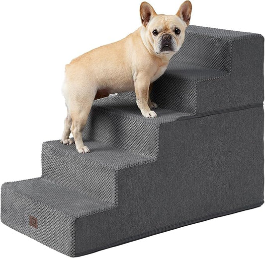 EHEYCIGA Dog Stairs for High Bed 25" H, 5-Step Extra Wide Dog Steps for Bed, Pet Steps for Small Dogs and Cats, Non-Slip Balanced Pet Ramp Indoor, Grey-PawvioPets