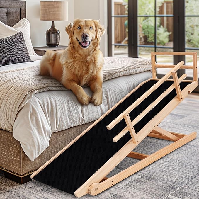 Dog Ramp, 5 Level Adjustable Height Folding Pet Ramp for High Bed, Portable Paw Ramps Large Bed Ramp for Medium & Large Old Dogs & Cats - Natural Wood Furniture Quality-PawvioPets