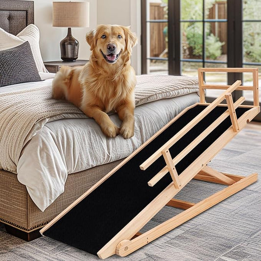 Dog Ramp, 5 Level Adjustable Height Folding Pet Ramp for High Bed, Portable Paw Ramps Large Bed Ramp for Medium & Large Old Dogs & Cats - Natural Wood Furniture Quality-PawvioPets