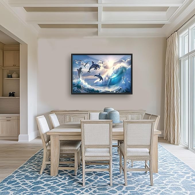 Dolphin Seagull Large Wall Art Sea Ocean Waves Sunrise Pictures Wall Decor Nautical Coastal Canvas Print Painting Artwork for Bathroom Living Room Bedroom 36L" x 24W"-PawvioPets