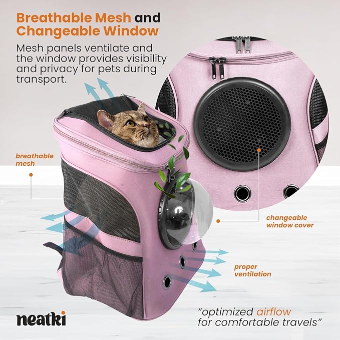 Cat Backpack Carrier, Airline Approved, Space Capsule Bubble Design, Ideal for Cats & Dogs up to 28-35 lbs, with Strong Straps, Safety Zippers, Mesh, Comfortable for Hiking & Travel (Pink)-PawvioPets