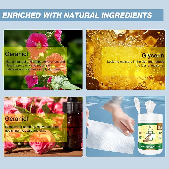 Antifungal and Antibacterial Wipes for Dogs & Cats, Dog Yeast Infection Treatment Wipes, All Natural Grooming Wipes for Cleaning, Help with Hot Spots, Ringworm, and Skin Infections, 160 Count-PawvioPets