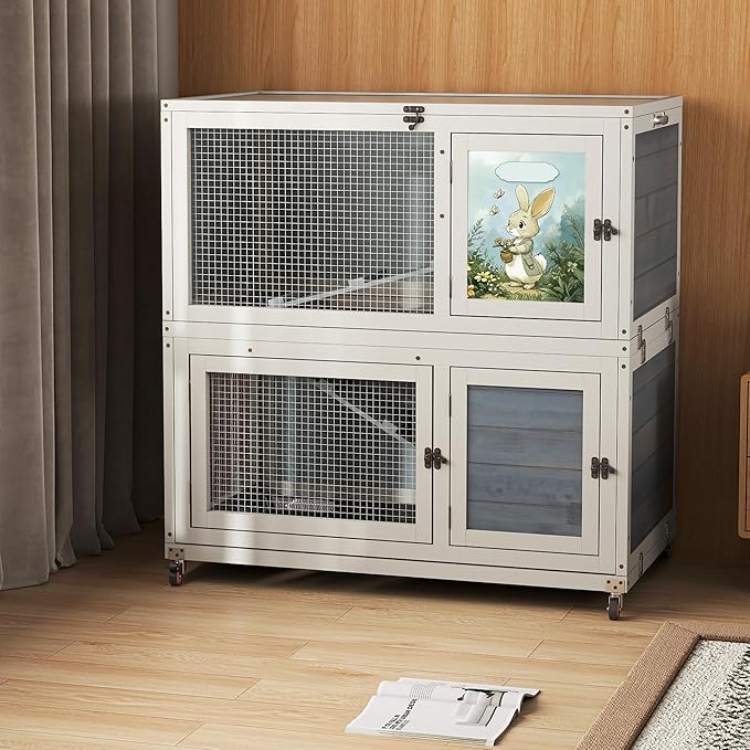 2-Story Wooden Rabbit Hutch for Outdoor & Indoor, Bunny Cage Rabbit House with Wheels, Trays, Ramp, Pet Home for Guinea Pigs, Chickens, Chicken Coop, Gray with Colorful Patterns-PawvioPets