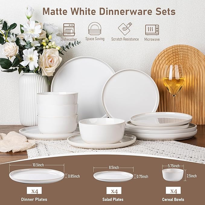 GBHOME Ceramic Dinnerware Sets for 4, 12 Pieces Stoneware Plates and Bowls Sets, Reactive Glaze Dishes -Scratch Resistant, Dishwasher&Microwave Safe-Star White-PawvioPets