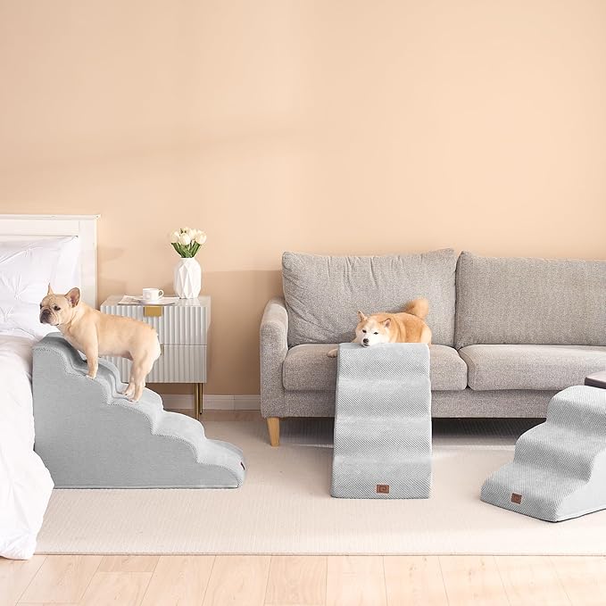 EHEYCIGA Curved Dog Stairs Ramp for High Beds 22.6" H, 5-Step Dog Steps for Small Dogs and Cats, Pet Stairs for High Bed Climbing, Non-Slip Balanced Pet Step Indoor, Light Grey-PawvioPets