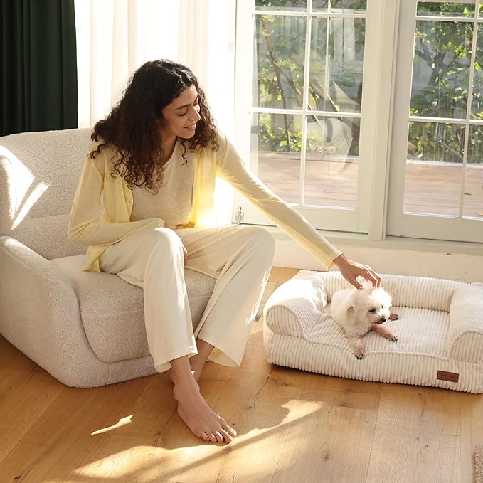 FUKUMARU Dog Couch Bed, Corduroy Cozy Cat Bed for Indoor Cats with Washable Cover, Supportive Waterproof Dog Beds Sofa for Small Dogs and Large Cats Cute, 28inch, Medium, Cream-PawvioPets