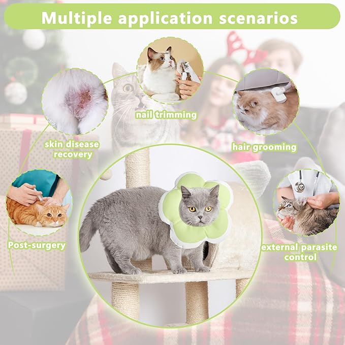 Cat Cone Collar Soft, Waterproof Cats Cones to Stop Licking After Surgery, Adjustable Soft Elizabeth Cats Collars for Wound Healing, Flower Shape Cat Recovery Collar (Green, Medium)-PawvioPets