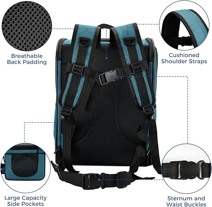 Apollo Walker Dog & Cat Carrier Backpack for 4-15lb Pets - Ventilated Safe Design with Padded Back Support, Breathable Mesh Pet Backpack for Hiking, Travel, Outdoor (Teal)-PawvioPets