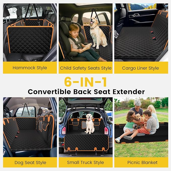 Back Seat Extender for Dogs - Holds 450lbs, Waterproof Dog Car Seat Cover for Back Seat with Hard Bottom for Cars SUVs Truck,Anti-Scratch No Slip Large Space Pet Backseat Protector,Black Orange-PawvioPets